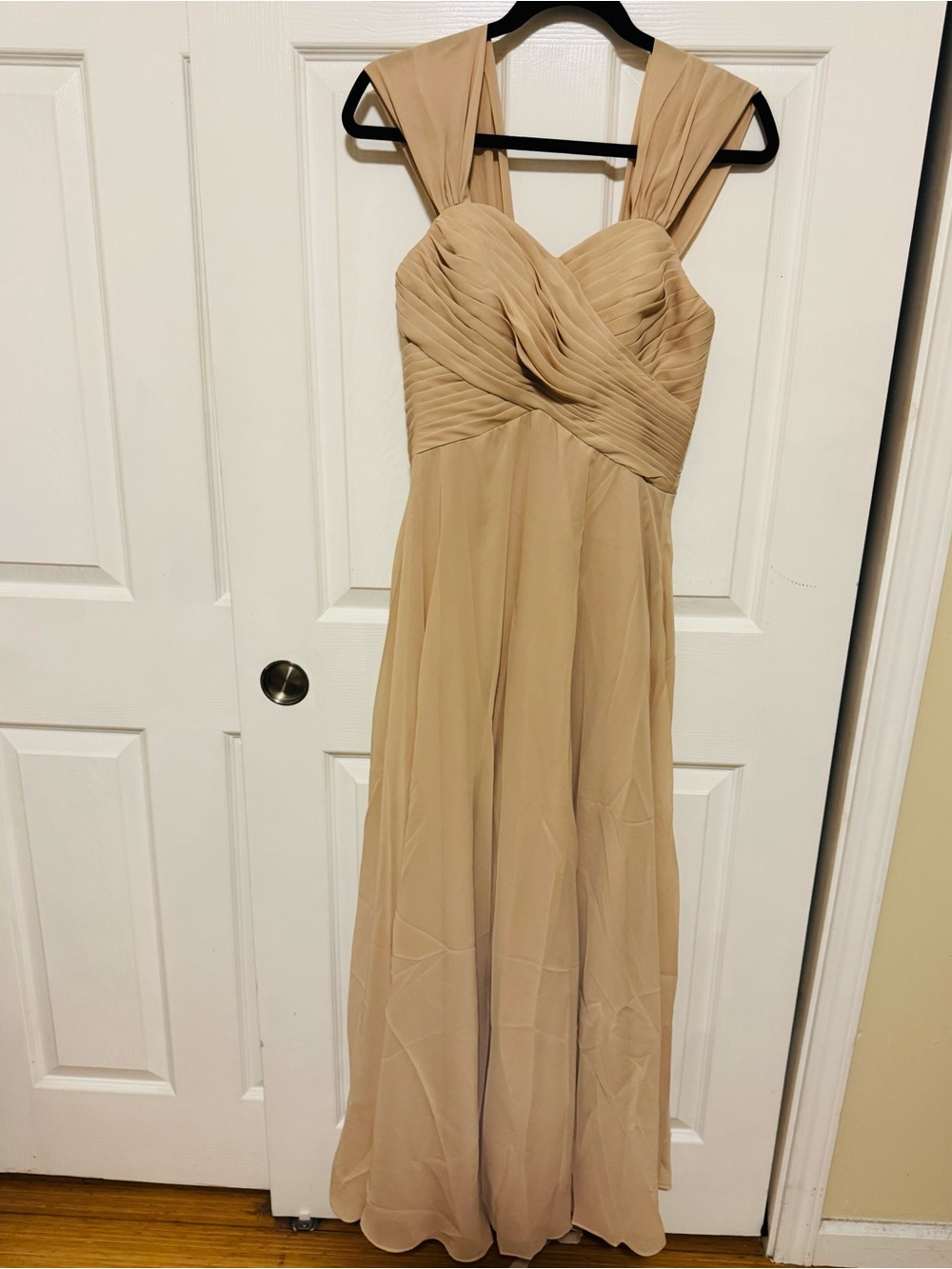 Chiffon Ruched Bridesmaid Dress in Champagne with Wide Shoulder Straps (hemmed)